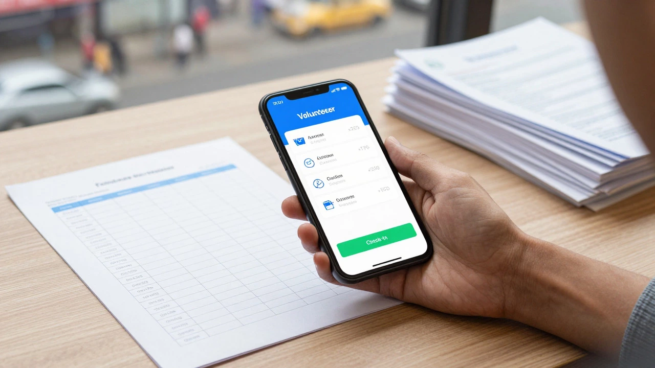 Smartphone showing volunteer app next to printed logs and documents