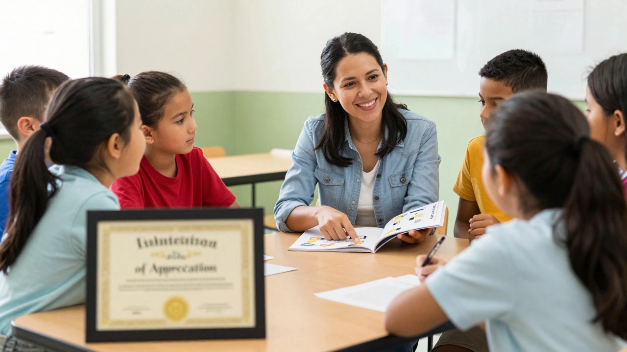 Volunteer mentor teaching students with a certificate visible nearby