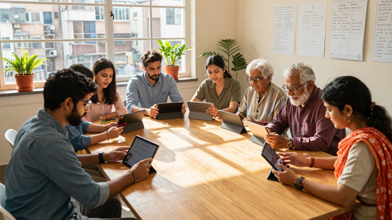 Young adults teaching seniors digital skills in workshop