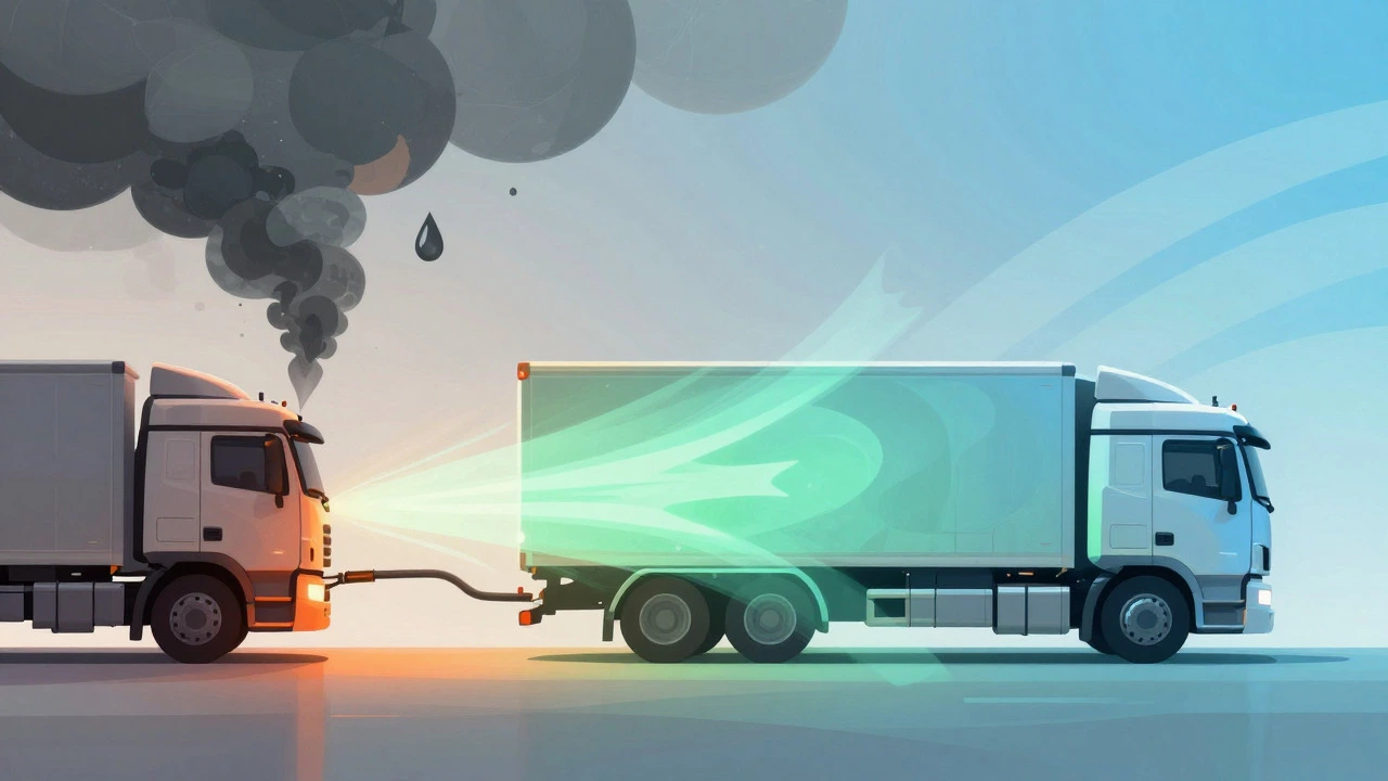 Abstract art comparing diesel emissions and clean electric trucks