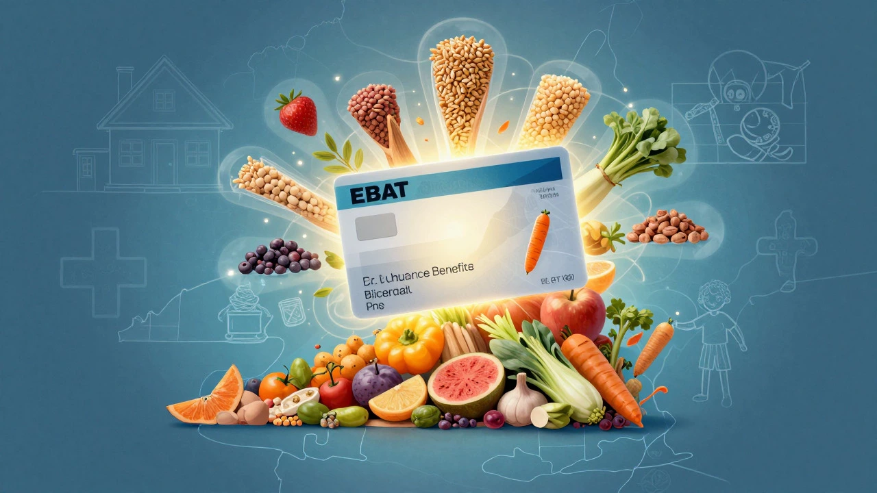 Abstract collage of an EBT card over a map of Virginia surrounded by floating food icons
