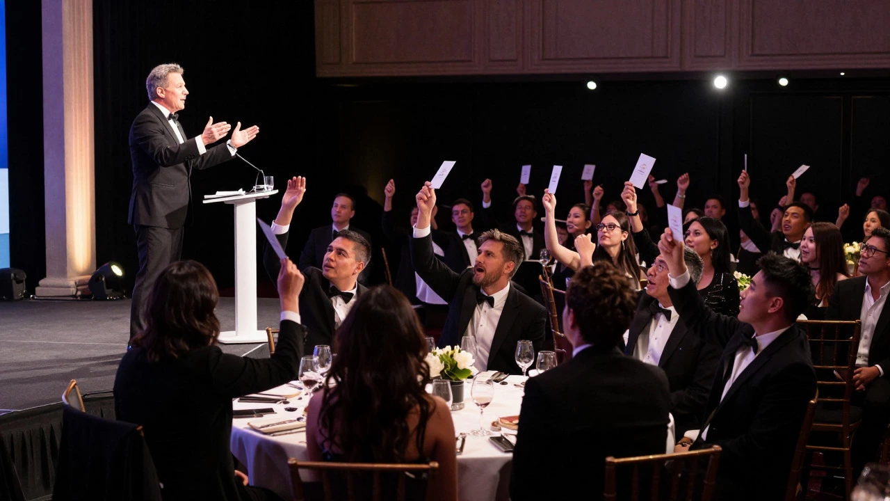 An auctioneer leads a lively bid on stage while guests raise their paddles enthusiastically.
