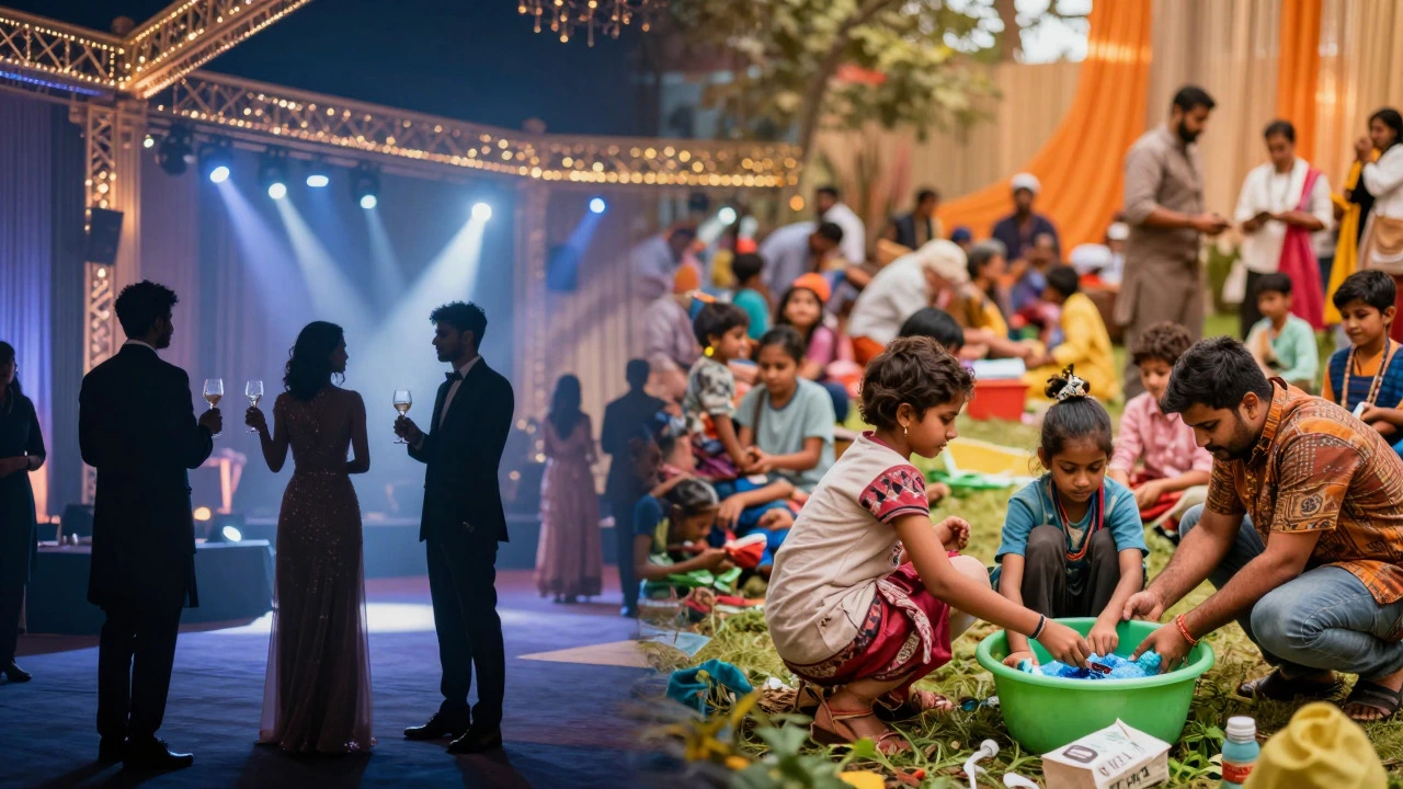 Artistic blend of gala attendees dissolving into scenes of community benefit and support.