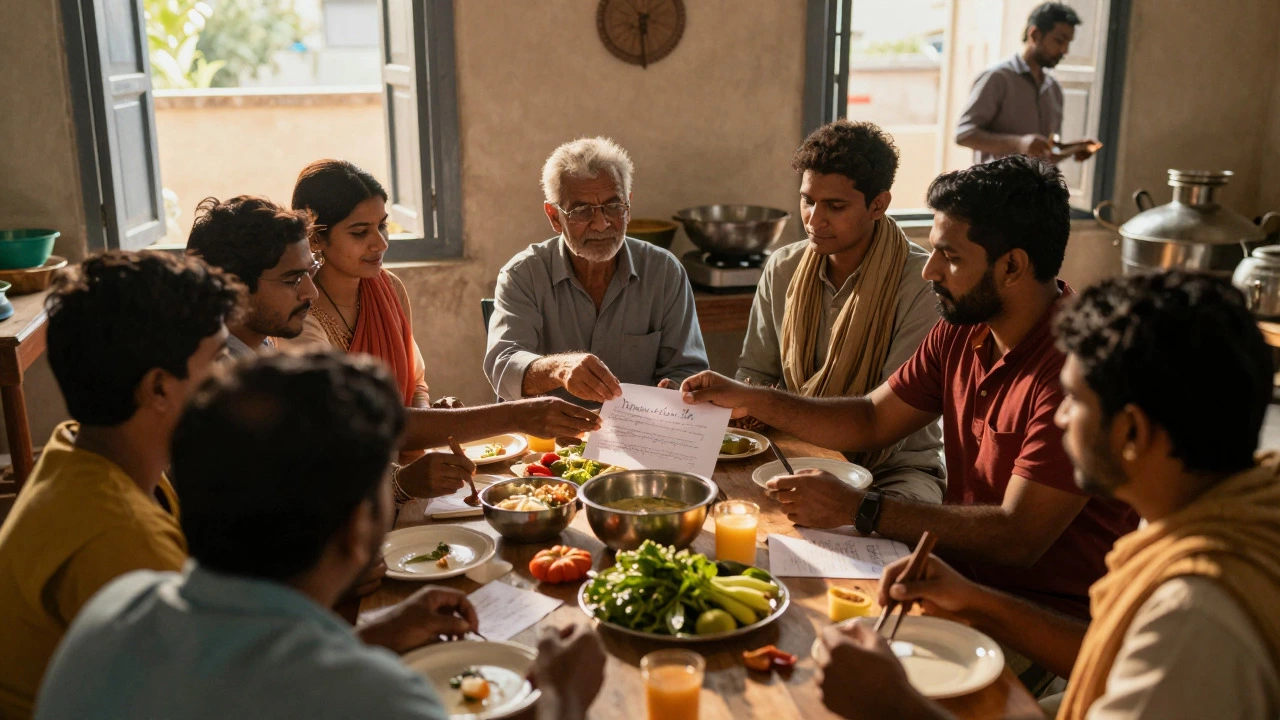 Community members collaborating over shared meal in sunlight