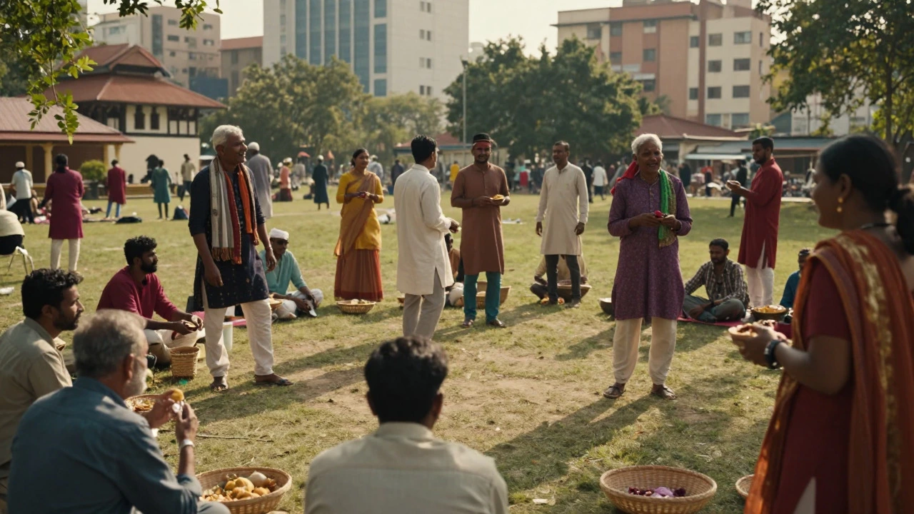 Diverse community gathering and sharing food in an urban park