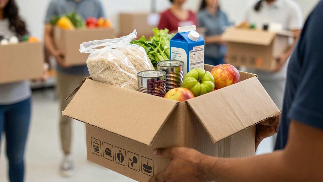 Hands holding an open food box filled with groceries and fresh fruit