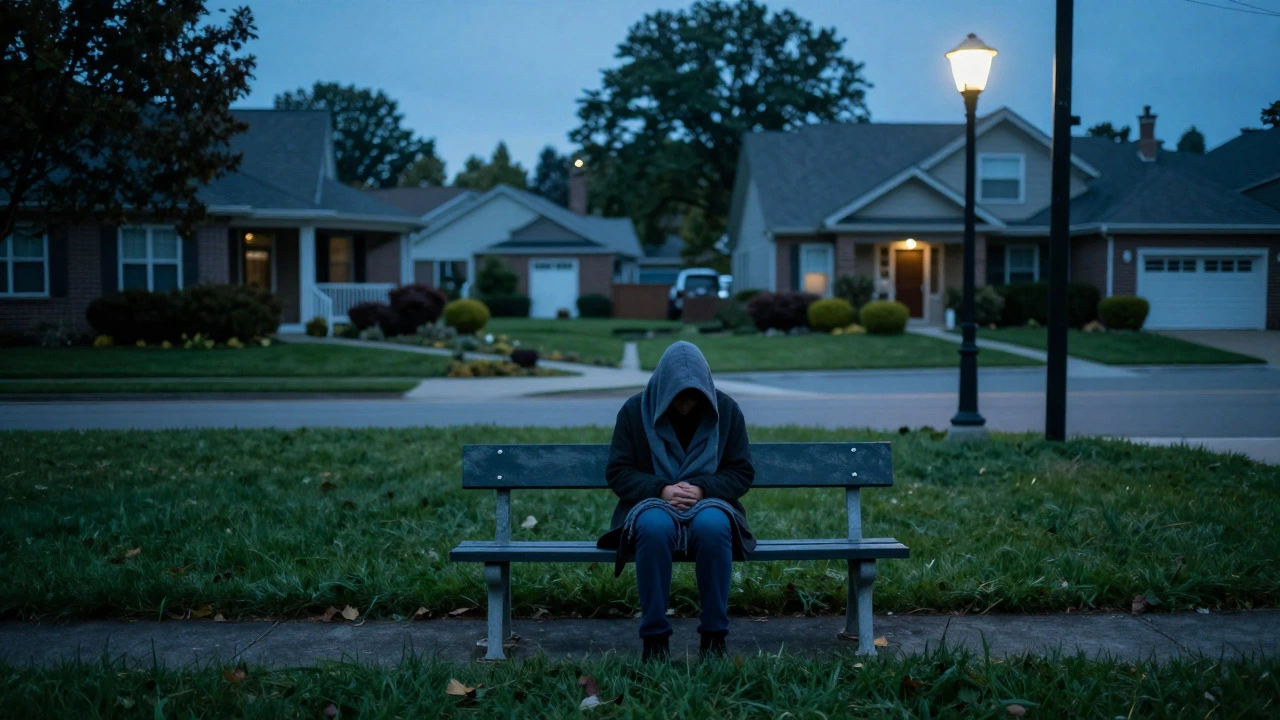 Lone homeless person on bench in quiet suburban neighborhood at dusk