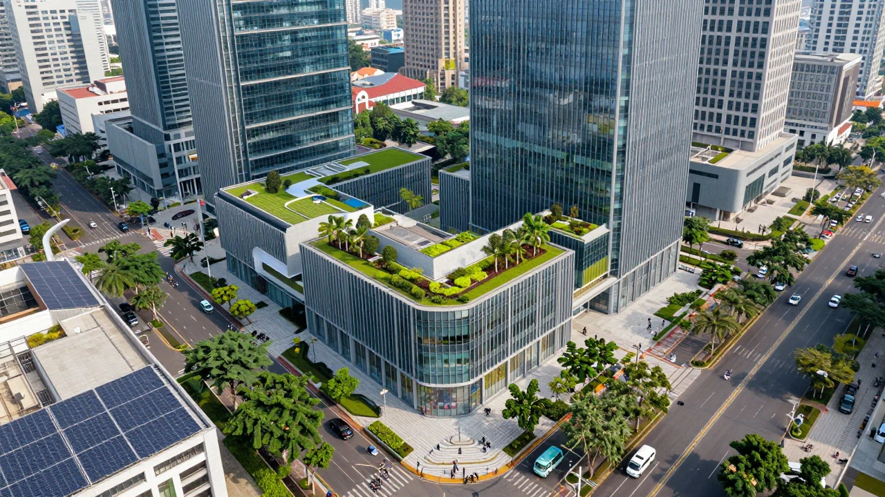 Modern sustainable city block with green roofs and electric vehicles