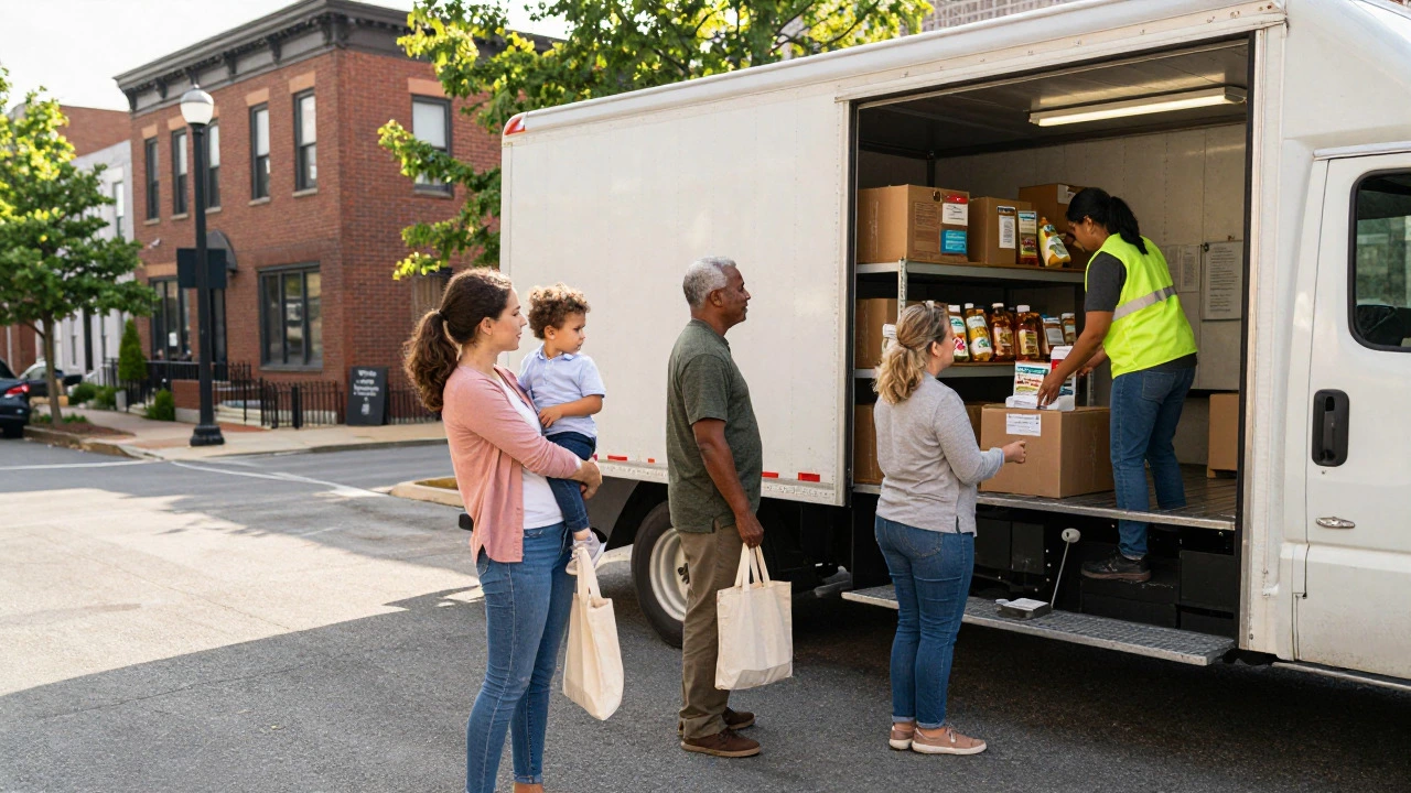 People waiting in line outside a community center as volunteers distribute food from a truck