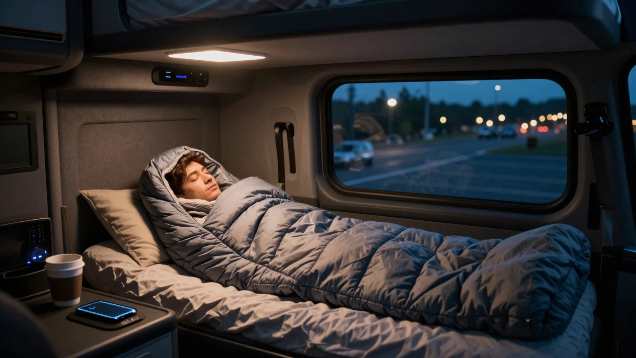 Trucker sleeping in a cozy, dimly lit truck cab at night
