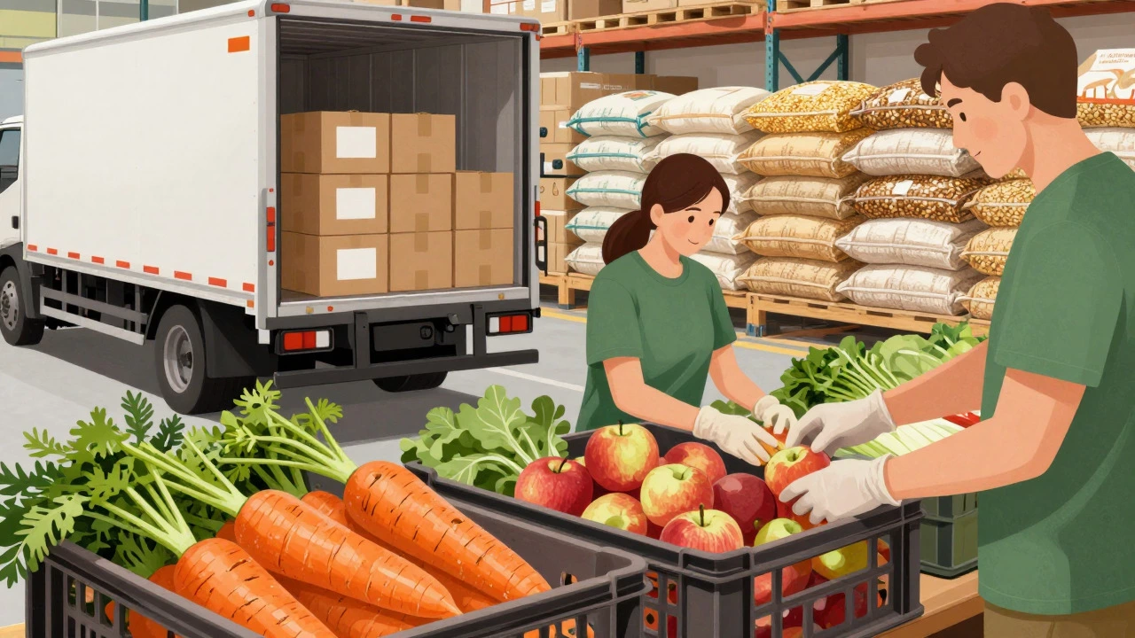 Volunteers sorting fresh produce and surplus food in warehouse
