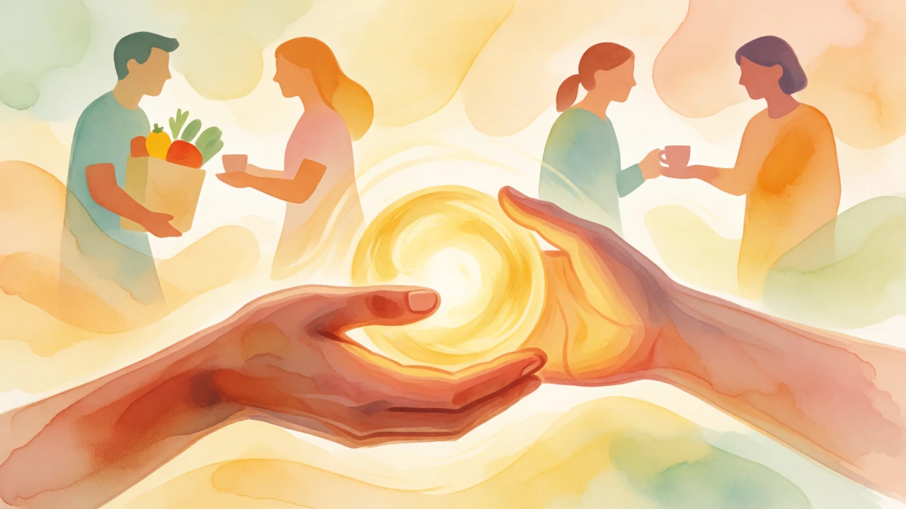 Abstract illustration of hands exchanging light symbolizing mutual aid