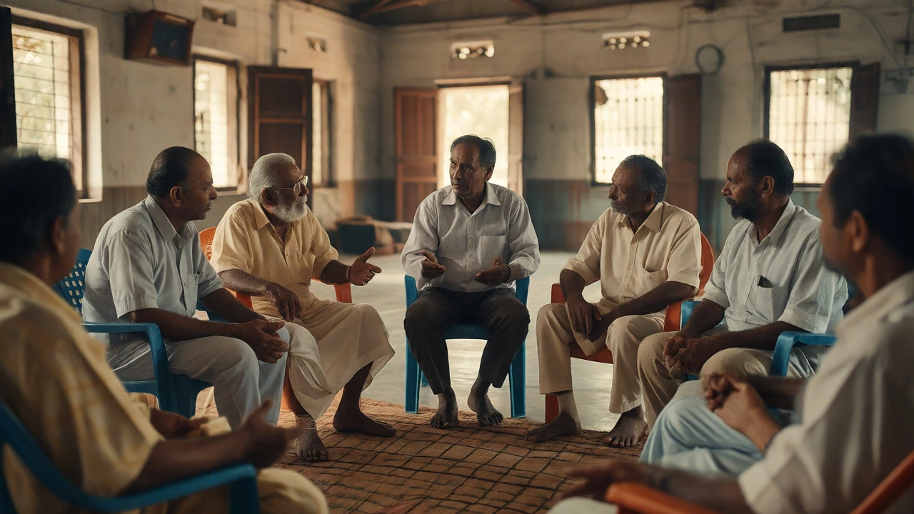 Community members collaborating in a circle at a local center