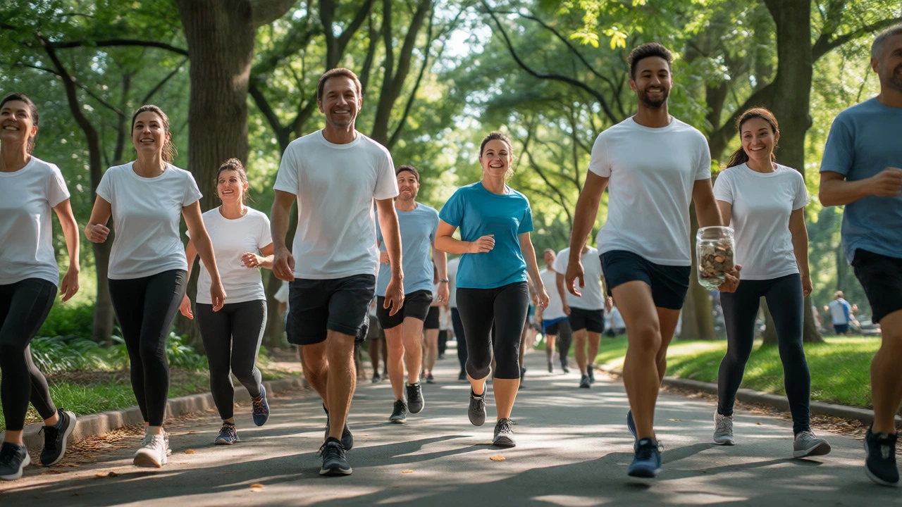 Diverse group enjoying a casual fun walk in a green public park
