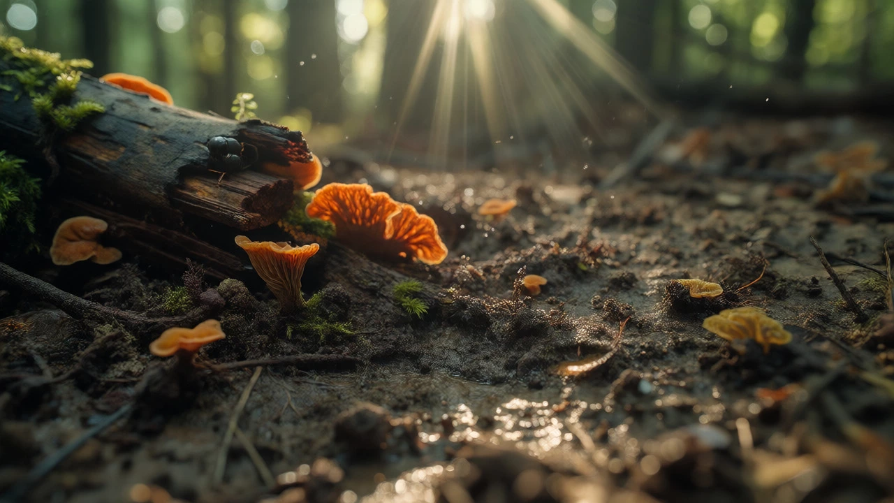 Fungi growing on a decaying log in damp forest soil