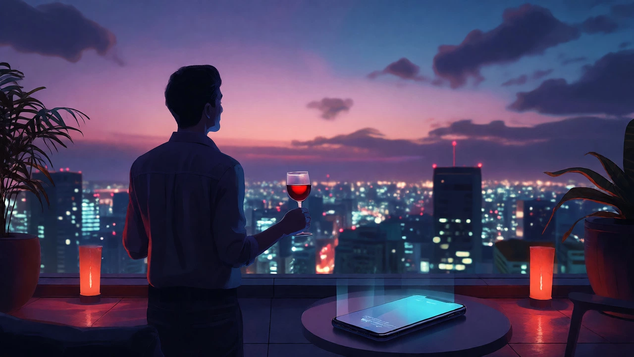 Member relaxing on a club rooftop at dusk, enjoying a digital detox moment.