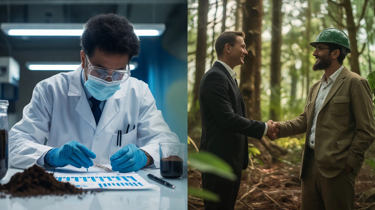 Split view showing a scientist analyzing data and a corporate sustainability audit in progress.