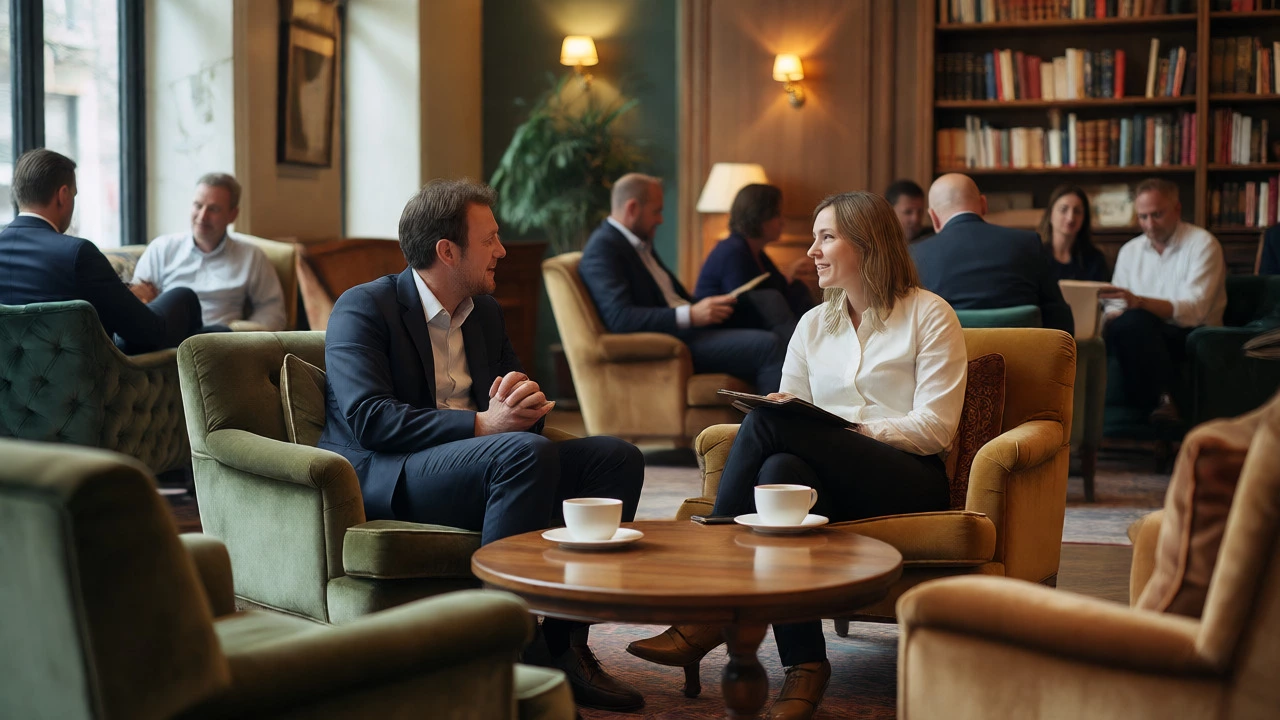 Two professionals conversing warmly in a cozy, phone-free private club lounge.
