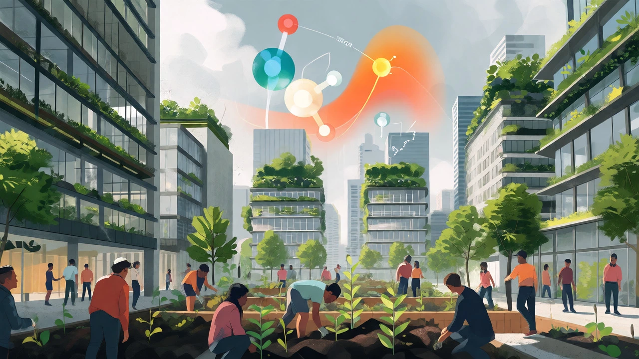 Urban green roofs and community gardens managing climate effects