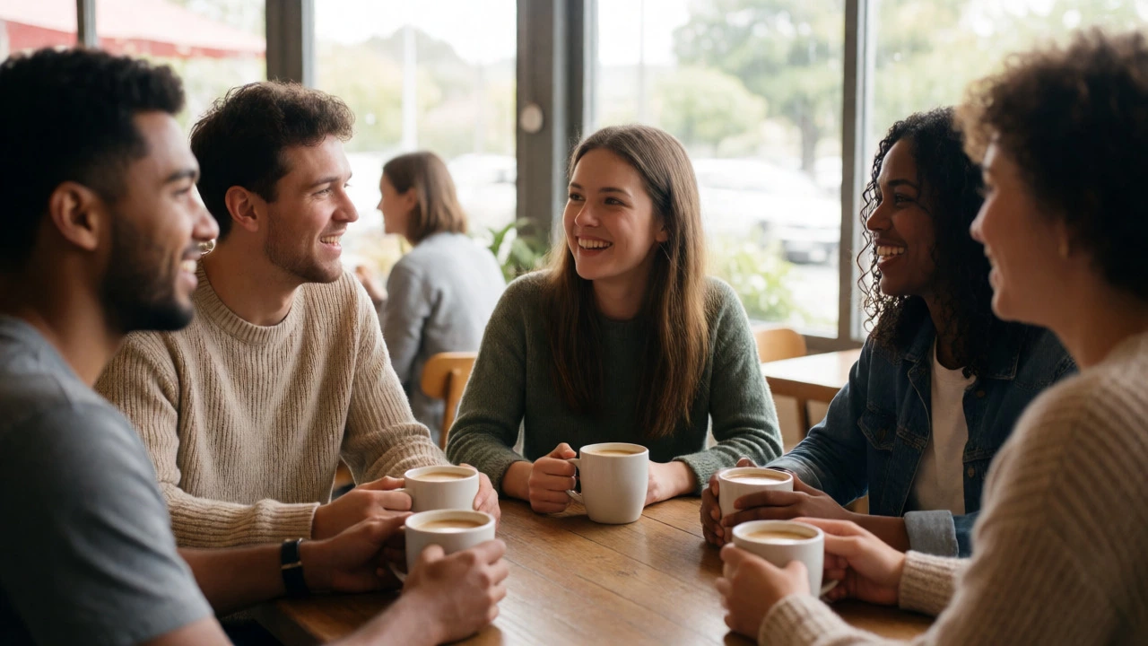 Young adults chatting casually over coffee in a wellness hub