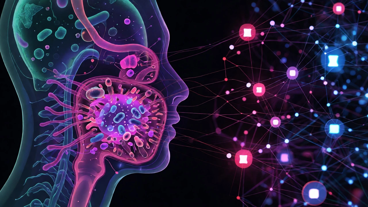 Abstract art connecting glowing gut microbiome cells to a digital network of nodes.
