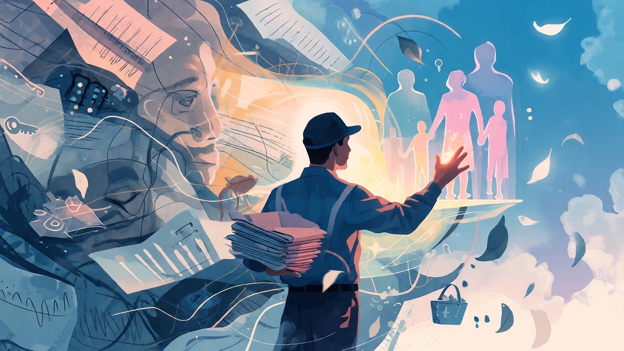 Artistic depiction of an outreach worker bridging bureaucracy and human needs.