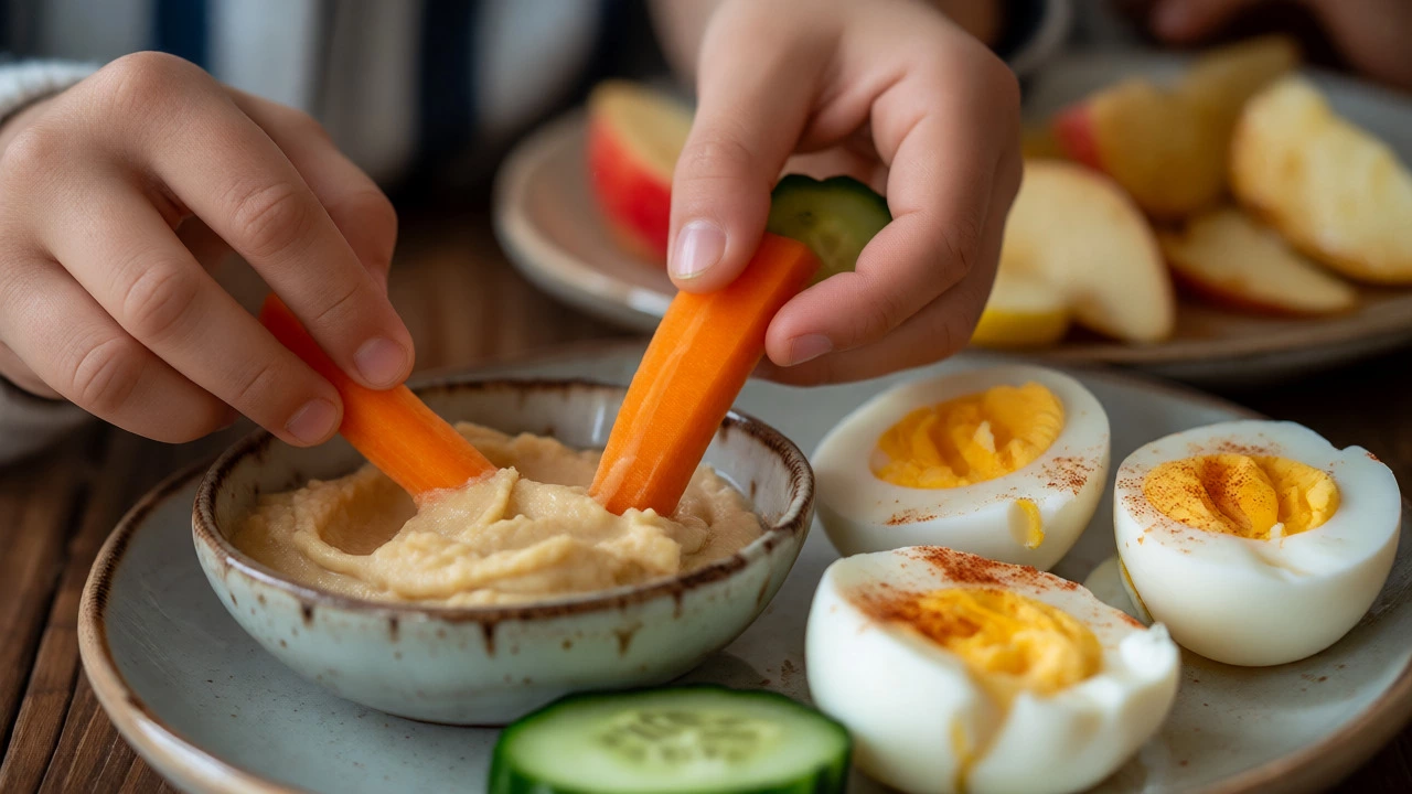 Children dipping veggie sticks in hummus and peeling hard-boiled eggs