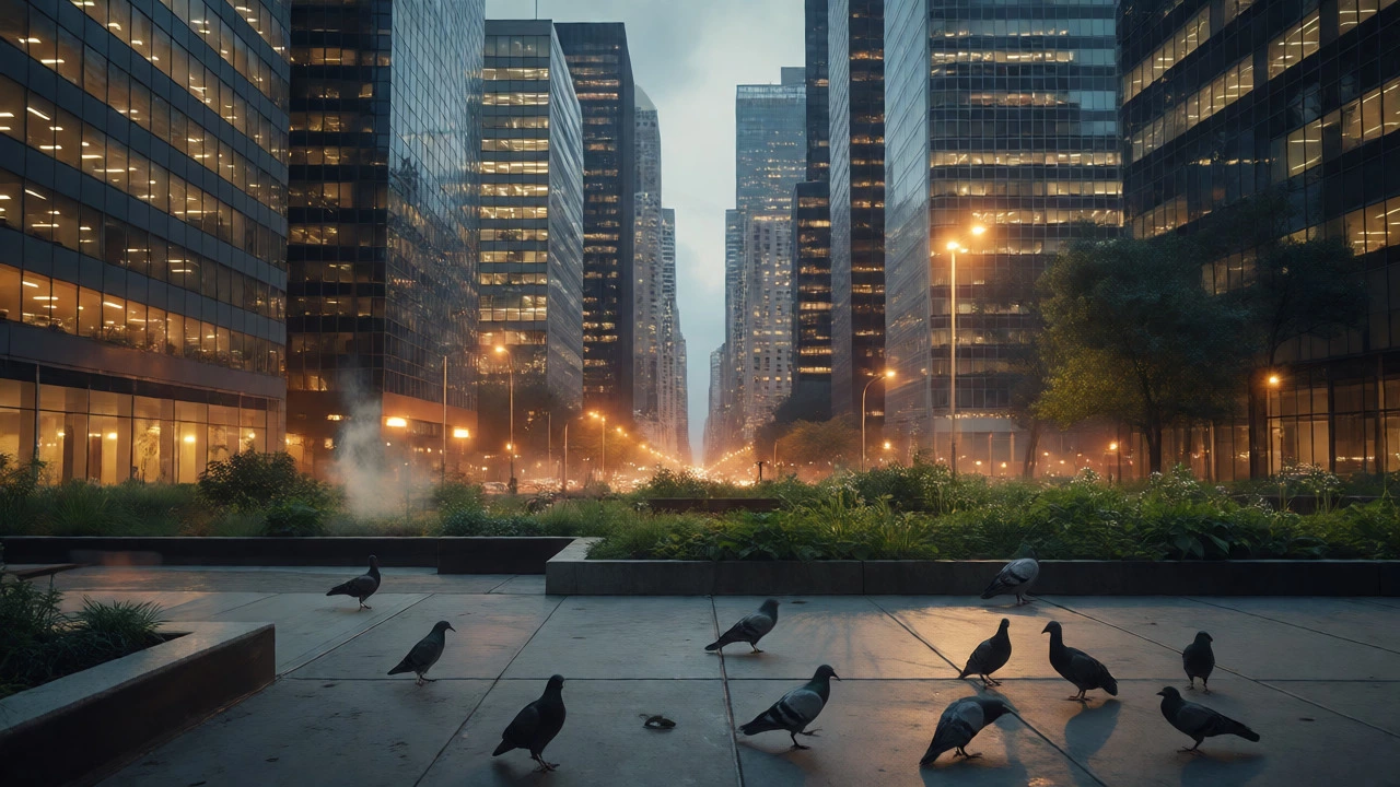 City skyline at dusk with skyscrapers, rooftop gardens, and urban wildlife on streets.