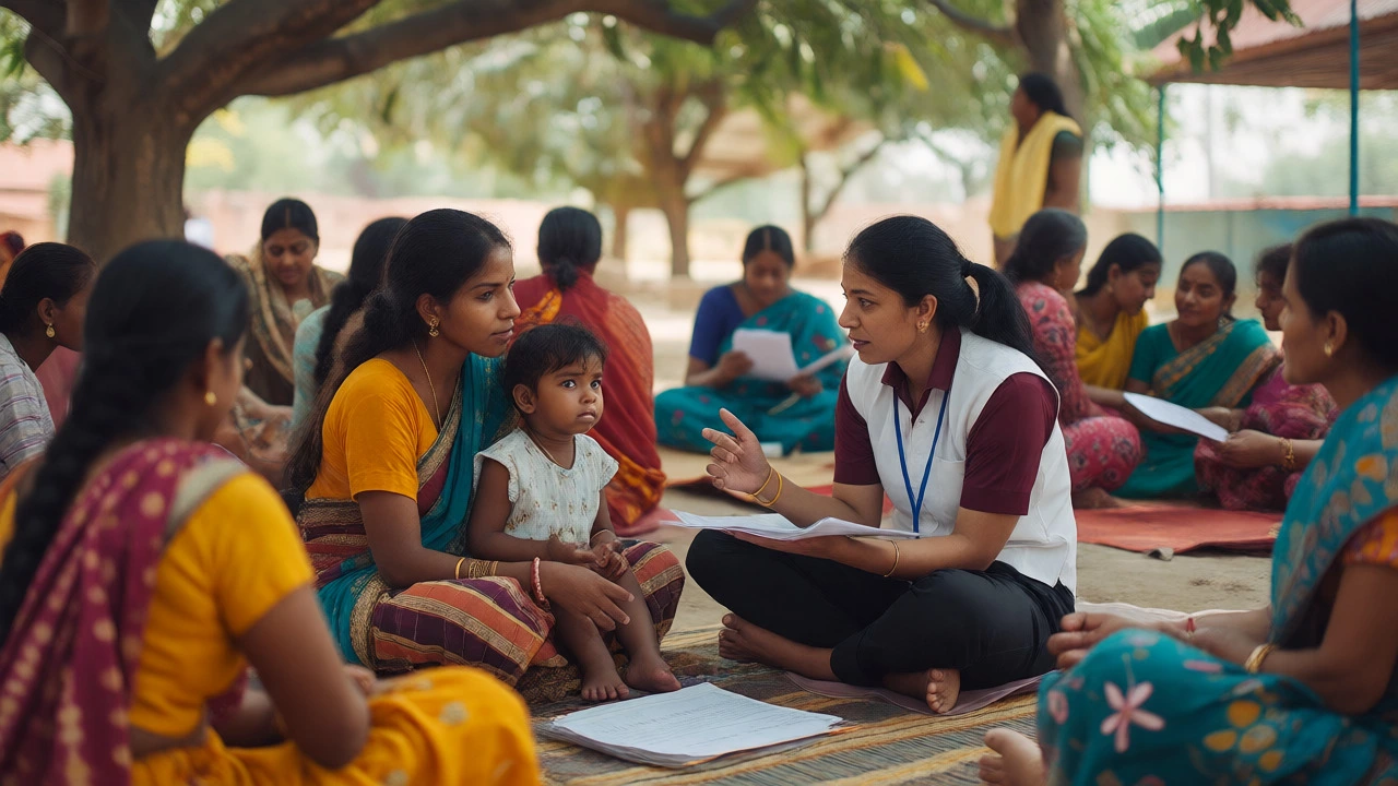 Community worker actively listening to a young mother at an outdoor local gathering.