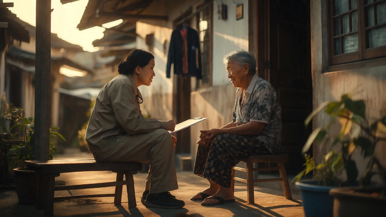 Field worker engaging in trusted conversation with resident outdoors
