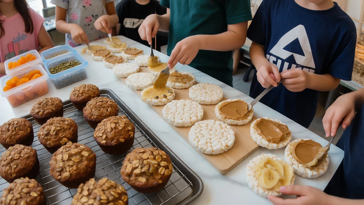 Kids making rice cake snacks at a topping bar with banana muffins