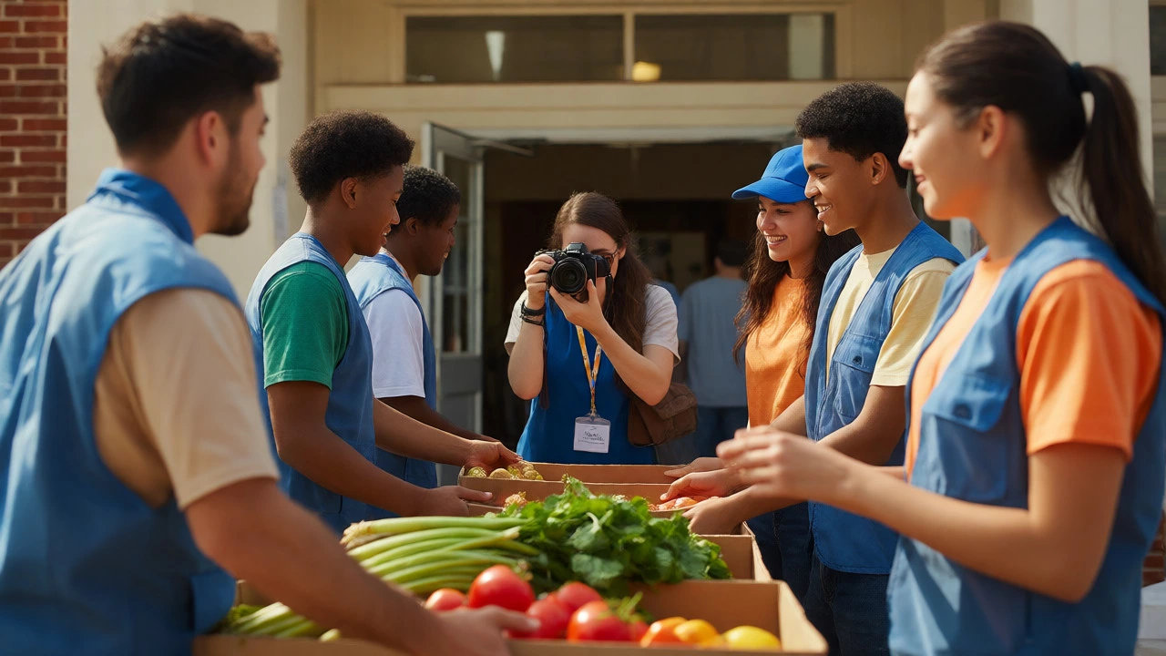 Volunteers distributing food while photographer documents the event